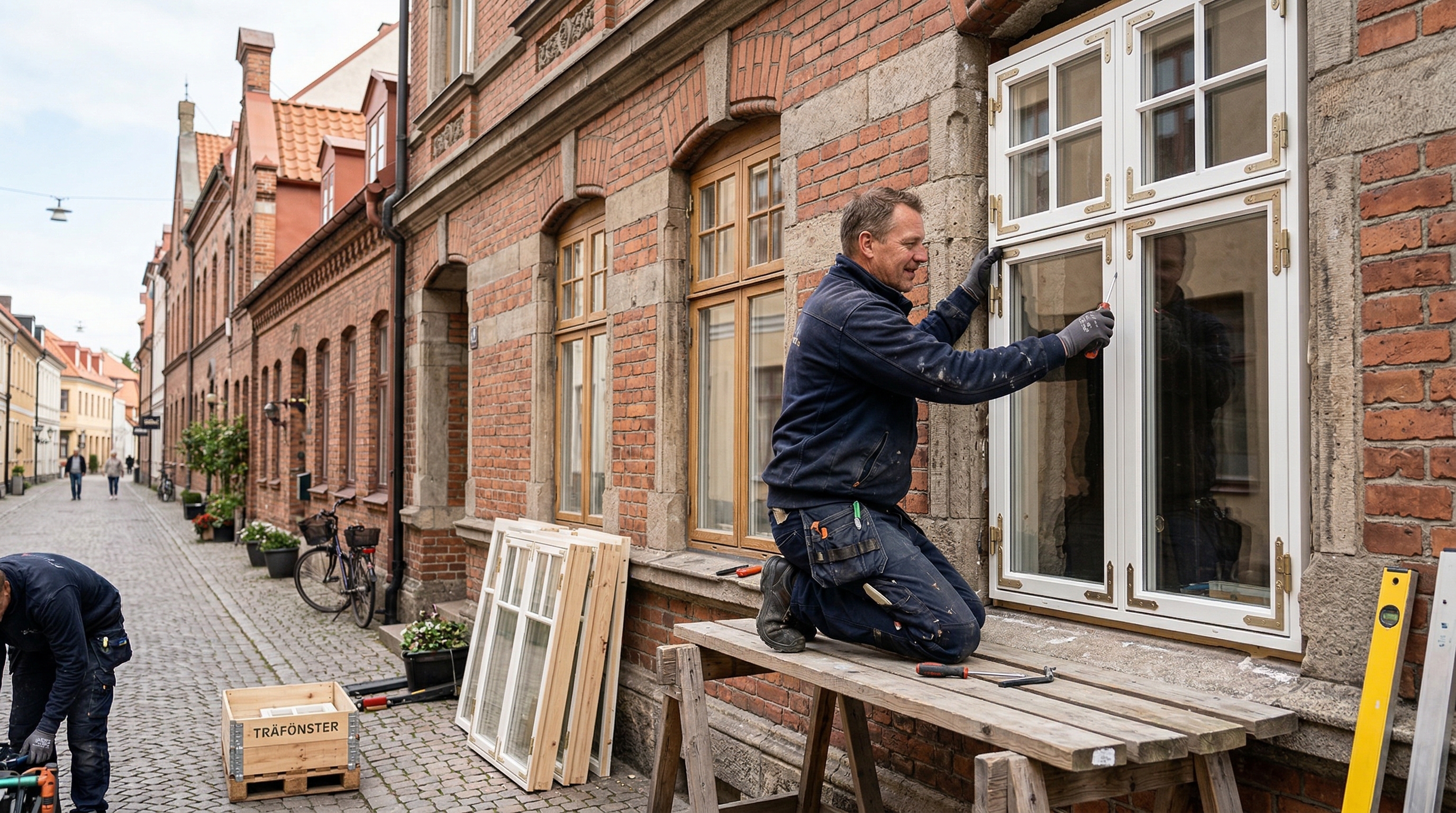 Klassiska träfönster med spröjs i äldre stadshusfasad