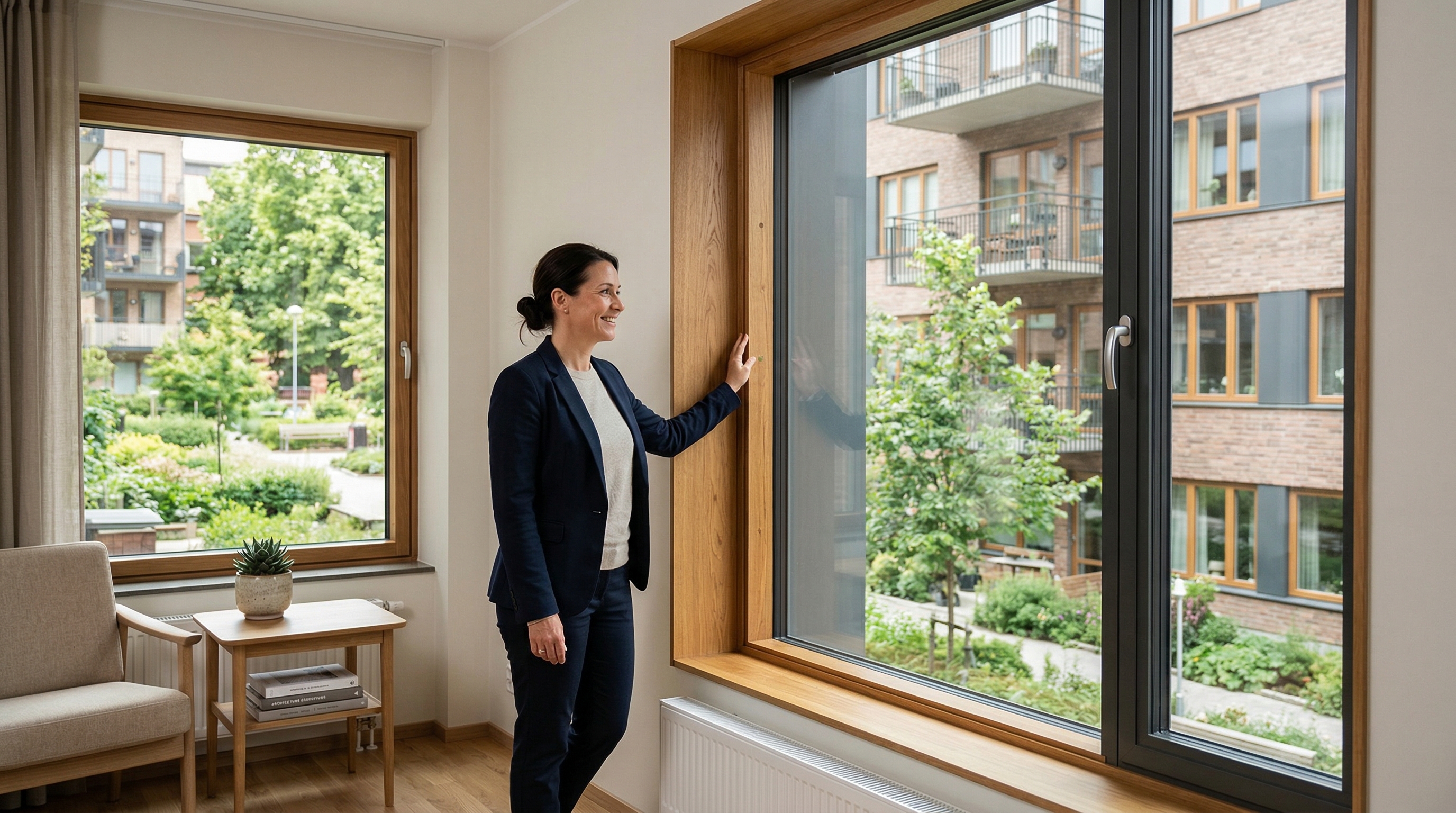 Nyinstallerade trä-alufönster med smal karm i modernt flerfamiljshus