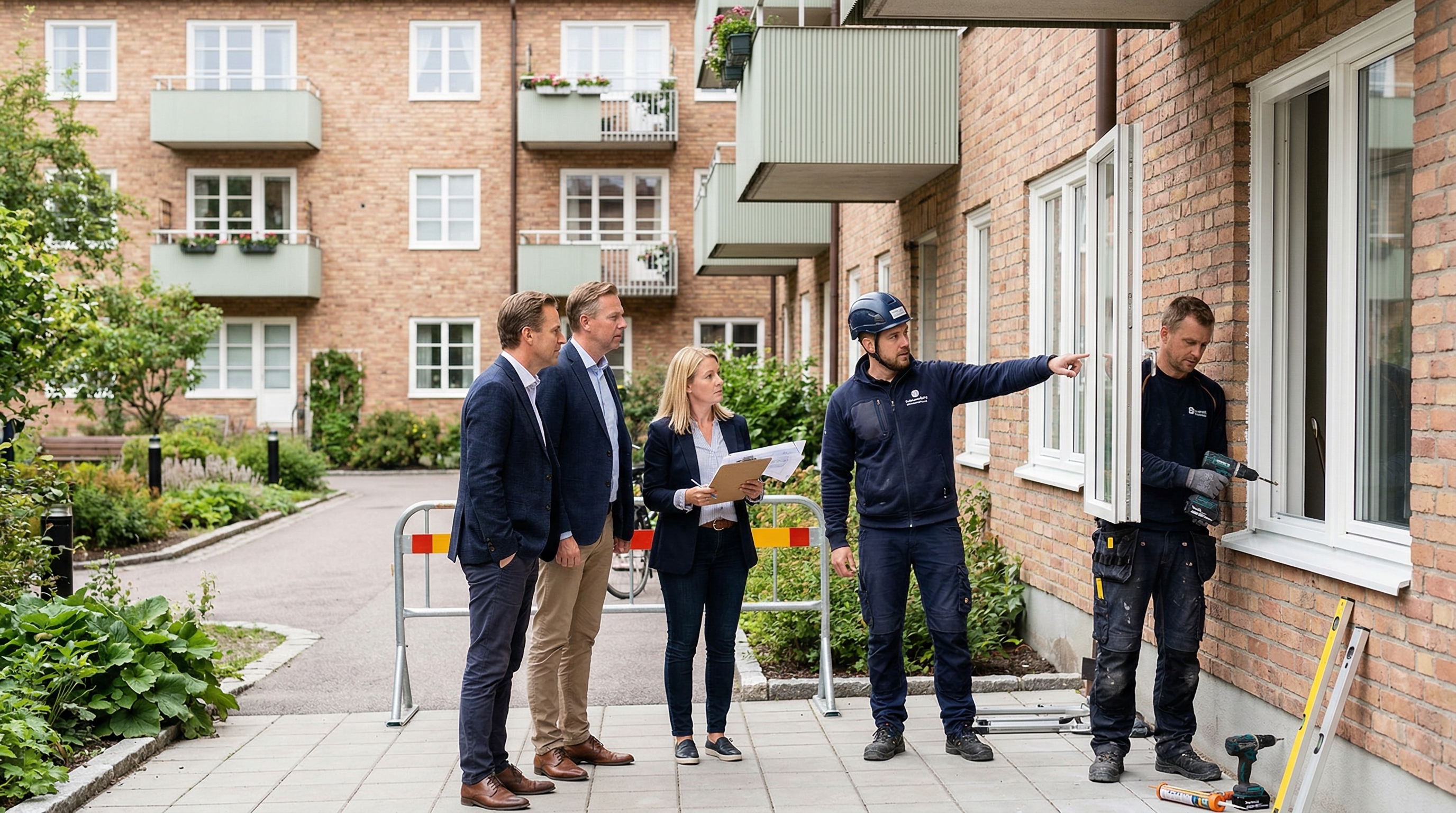 Fönstermontörer installerar nya trä-alufönster i bostadsrättsförening