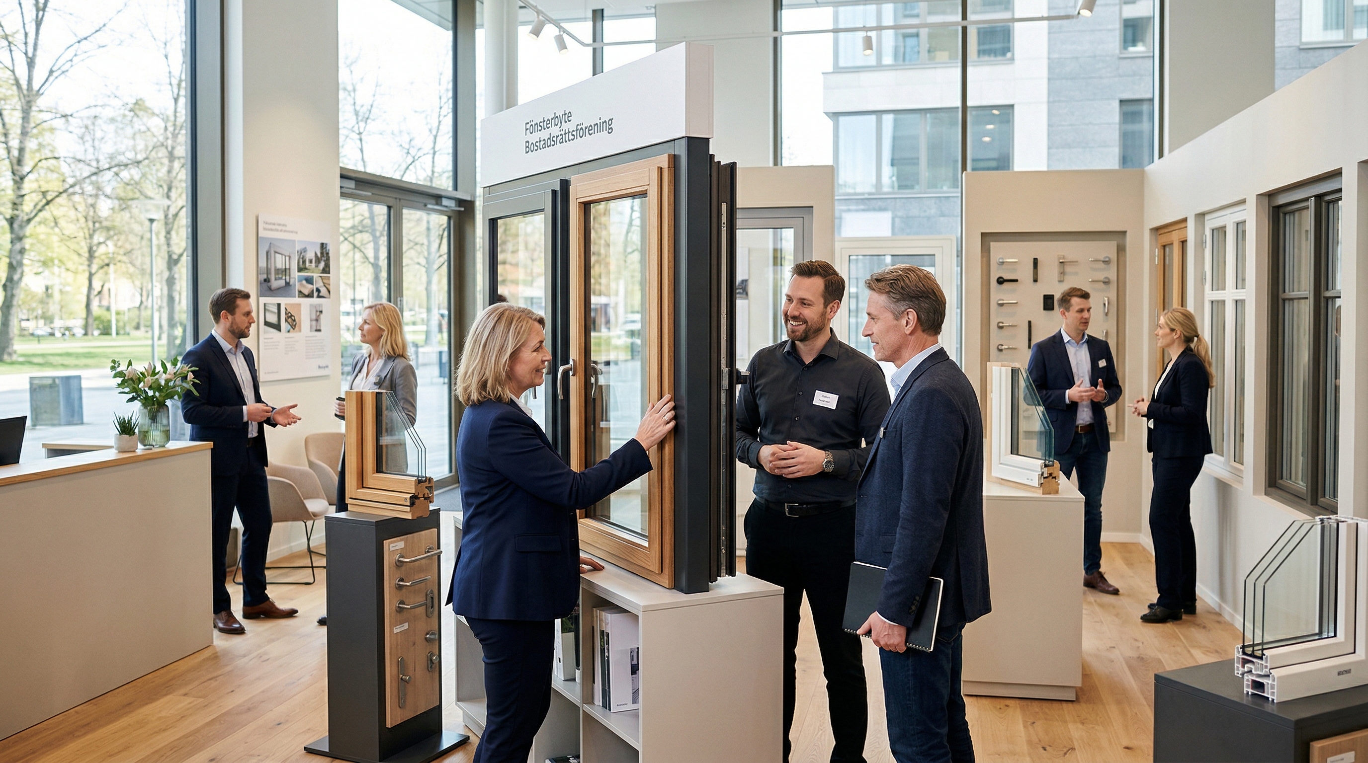 Kund i samtal med fönsterexpert i utställning